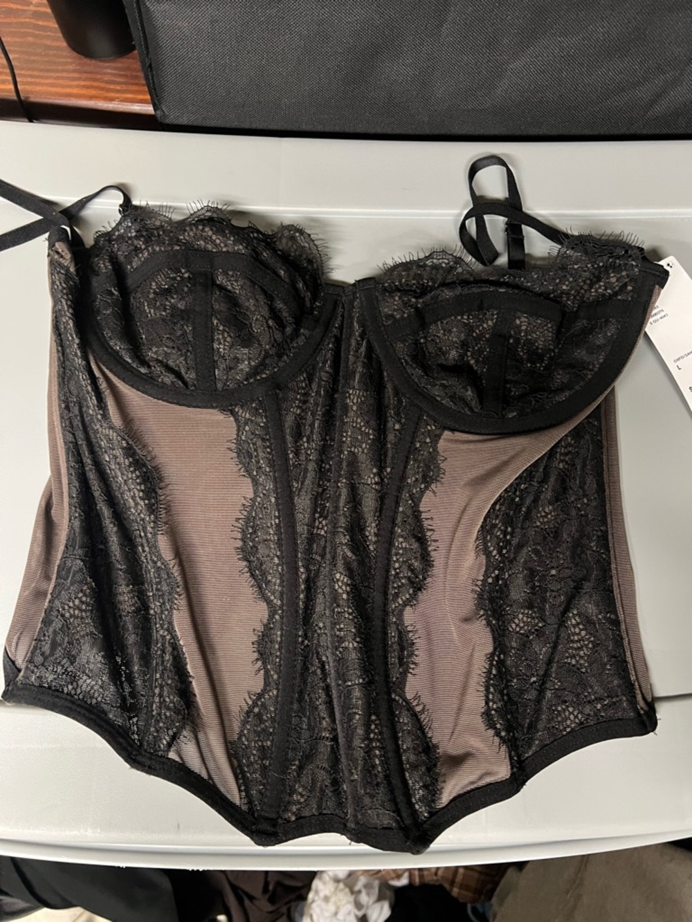 Urban Outfitters Black Lace Bustier with Taupe Mesh